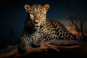 Leopard lying on a log in the evening, 3d render, African Leopard, Panthera pardus illuminated by beautiful light, resting on a dead tree, staring directly at camera against dark sky, AI Generated photo