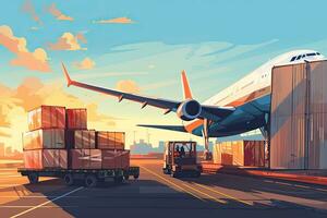 illustration of airplane on the background of cargo terminal. Logistics and transportation concept. airplane cargo transportation by plane, unloading containers of boxes at the airport, AI Generated photo