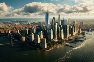 Aerial view of New York City Manhattan skyline with skyscrapers, Aerial Views of the Downtown Manhattan Skyline, AI Generated photo