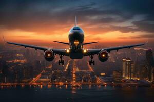 Airplane flying in the sky over the city at sunset. Business travel concept, Airplane In Flight At Twilight With Blurred Cityscape, AI Generated photo