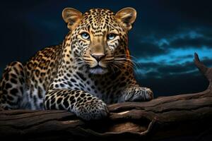 Leopard lying on a branch and looking at the camera, 3d render, African Leopard, Panthera pardus illuminated by beautiful light, resting on a dead tree, AI Generated photo