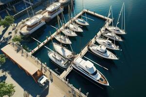 aéreo ver de yates y barcos en un puerto pequeño, aéreo ver de el yate club. aéreo parte superior abajo ver de atracado veleros parte superior abajo ver de yates 3d visualización, ai generado foto