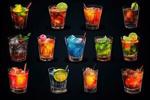 Cocktail set. Alcoholic drinks with ice, rum, cola, tequila, lemon, lime, berry, mint and ice cubes. Alcoholic cocktails set, strong drinks and aperitifs, AI Generated photo