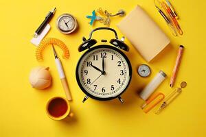 Alarm clock, stationery and cup of tea on yellow background, Alarm clock, paint, pencils and scissors. School accessories on a yellow background. View from above, AI Generated photo