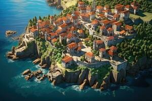 Aerial view of the island of Sveti Stefan in Montenegro. Aerial view on the old town. Vacation and adventure. Town and sea, AI Generated photo