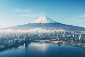 montaña fuji san a kawaguchiko lago en Japón. aéreo ver de tokio paisaje urbano con fuji montaña en Japón, ai generado foto