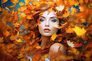 Woman with autumn leaves wreath. Portrait of girl in dreamy fall mood with scattered leaves. Generated AI. photo