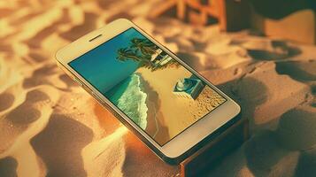 Smartphone in the sand of the beach. Vacation scene with phone on the shore line. Generative AI. photo