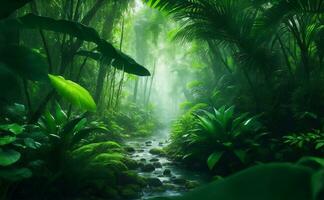 Green ecology jungle background, Generative AI Illustration. photo