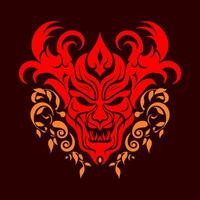 A red devil's head with sharp teeth and horns and floral flames below it on a dark background. Simple vector illustration, Halloween theme or tattoo idea.