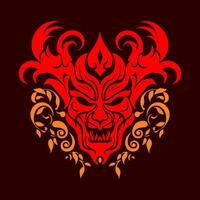 A red devil's head with sharp teeth and horns and floral flames below it on a dark background. Simple vector illustration, Halloween theme or tattoo idea.