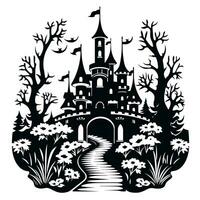 A castle in the woods, surrounded by trees and bushes, the mystery and charm of a Halloween celebration. Simple black and white vector illustration, isolated on a white background.