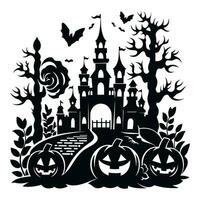 Silhouette of a haunted castle with turrets and towers in the woods with pumpkins and bats around it. Simple vector illustration for Halloween decor.