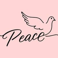 A dove silhouette flying over the word 'Peace', a symbol of peace and hope. Simple line vector style isolated on a monochrome background.