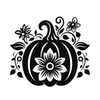 Silhouette of a pumpkin with flowers and leaves, a symbol of autumn and harvest, monochrome vector illustration on a white background.