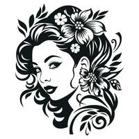 Vector portrait of a young beautiful woman with delicate flowers in her hair. Simple ornamental style, monochrome, isolated on a white background.