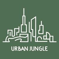 Abstract city skyline with skyscrapers and text 'Urban Jungle' in a simple line drawing style. Vector illustration, isolated on a green background.