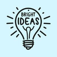 A light bulb with the words 'Bright ideas' written inside of it in a simple line drawing style. Symbol for creativity, innovation, and inspiration. vector