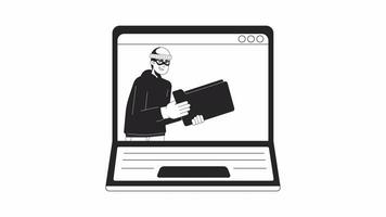 Cyber fraudulent stealing folder on laptop bw outline 2D animation. Thieving personal information on notebook 4K video motion graphic. Monochrome linear animated cartoon flat concept, white background