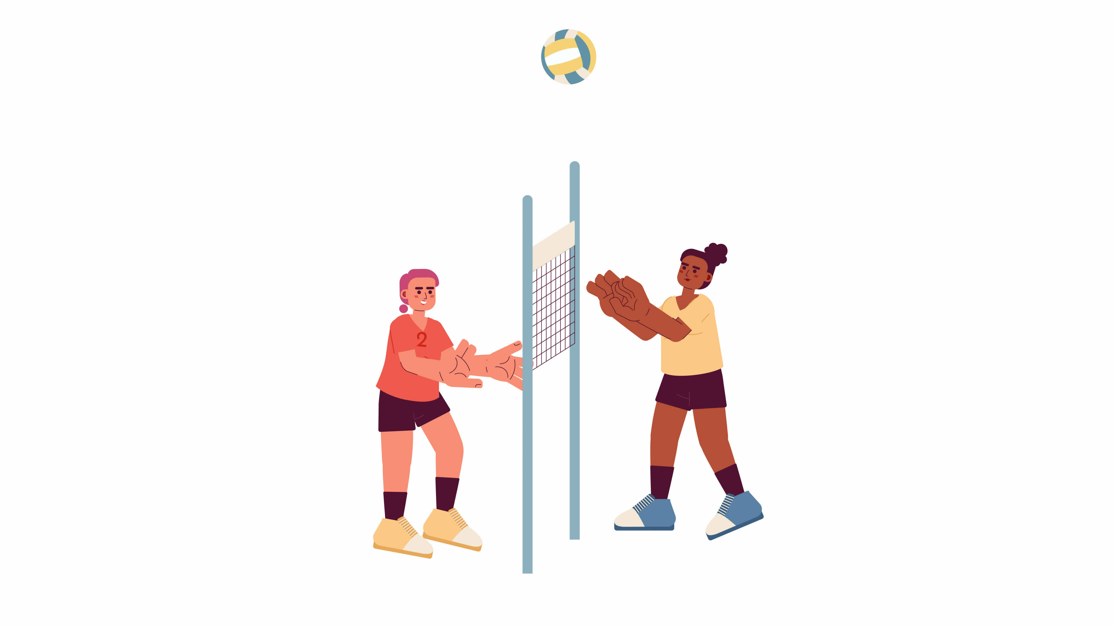 Girls volleyball players spiking 2D characters animation. Female athletes hitting ball over net