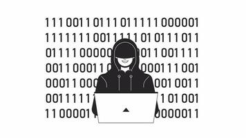 Cyber attacker typing on laptop bw outline 2D animation. Fraudulent hacker spying internet 4K video motion graphic. Network security monochrome linear animated cartoon flat concept, white background