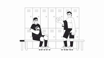 Team locker room bw cartoon animation. Resting players wearing football shirts 4K video motion graphic. Team members talking 2D monochrome line animated characters isolated on white background