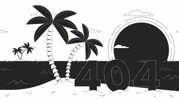Beach palms sunset black and white error 404 animation. Moving clouds, waves error message gif, motion graphic. Tropical shore. Summer horizon animated landscape linear 4K video isolated on white