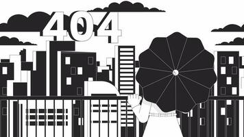 Regenschirm Mädchen suchen beim Stadt Sonnenuntergang schwarz und Weiß Error 404 Animation. Error Botschaft GIF, Bewegung Grafik. Dach mit ziehen um Wolken animiert Charakter, Stadtbild linear 4k Video isoliert auf Weiß
