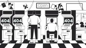 Play arcade machines black and white error 404 animation. Vintage gaming error message gif, motion graphic. Friends gamers arcade videogame animated characters linear 4K video isolated on white