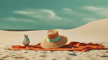 Hat and towel on the sand of the beach. Vacation scene with straw hat on the shore line. Generative AI. photo