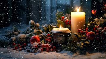 Christmas card with snow and candles. Winter holidays ornament and candles on the Xmas scene. Generated AI. photo
