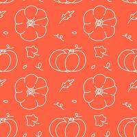 Pumpkins Doodle Seamless Pattern. Line doodle leaves and pupmkins harvest on red background. Hand drawn autumn print design. vector