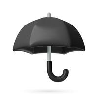 3d black opened umbrella with curved handle. Glossy plastic monochrome vector object isolated on white background. Safety and protection three dimensional icon.