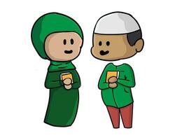 Hand drawn cartoon student muslim child couple holding quran vector