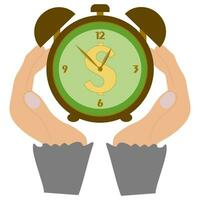 Businesswoman hand handle a Clock. Time is money. Vector time and financial management illustration. Flat style Business picture. Woman hands and Watches. Timing, planning, entrepreneur, meeting.