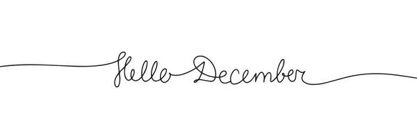 Hello December text, one line continuous words. Handwriting winter concept banner. Line art winter text. Vector illustration.