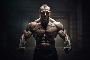 Extreme bodybuilder showing his muscles. Huge athlete demonstrating power. Generated AI. photo