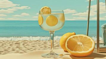 Glass with lemon water in the sand of the beach. Vacation scene with lemonade glass on the shore line. Generative AI photo