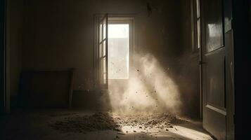 polvoriento habitación con antiguo afligido ventanas y Dom rayos abandonado sucio interior con luces en el polvo. generado ai. foto