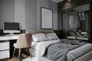 Smart Bed Room Furnishings For Modern Lifestyle, Bed, Wall Texture, Frame, Mirror Closet, Chair, PC 3D Artwork photo