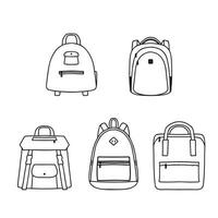 Backpack rucksack set. Doodle black and white simple vector illustration isolated on white background