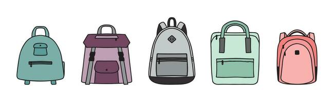 Set of colourful backpacks. Simple doodle style vector illustration isolated on white background