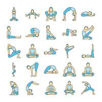 conjunto de yoga movimiento iconos lleno contorno icono vector