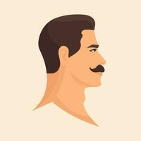 Portrait of mustache brunette man. Side view. Abstract male portrait, face view. Isolated vector illustration