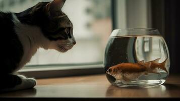 Cute cat watching the fish. Funny kitten sniffing the fish. Generated AI. photo