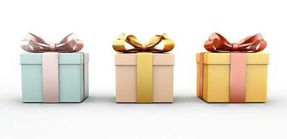 Set of colorful gift boxes with ribbons for Christmas holidays or commercial event. Generated AI. photo