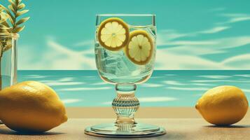 Glass with lemon water in the sand of the beach. Vacation scene with lemonade glass on the shore line. Generative AI photo