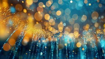 Abstract blue background with bokeh, sparkles and golden lights. Generated AI. photo