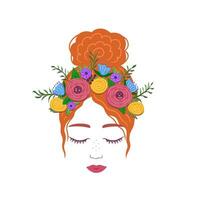 mujer con cerca ojos, niña con flor guirnalda. ilustración para antecedentes y embalaje. imagen lata ser usado para saludo tarjetas, carteles, pegatinas y textil. aislado en blanco antecedentes. vector