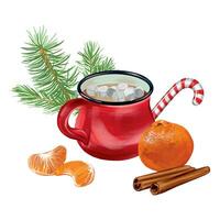 Hot drink in a red mug with marshmallows, tangerines, cinnamon spruce branch. Vector illustration for New Year composition. Design element for greeting cards, invitations, themed banners, flyers.